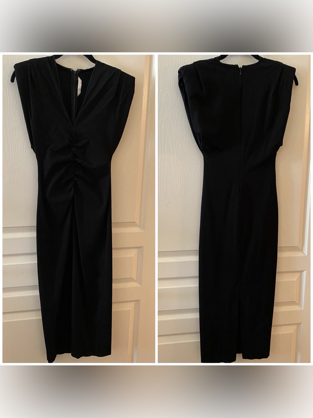 ZARA ZW Collection Ruched Black Midi Dress w/ Shoulder Pads - XS - Picture 2 of 14